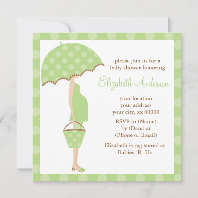 Green Polka Dots Umbrella Mum Baby Shower Invitation (Front)