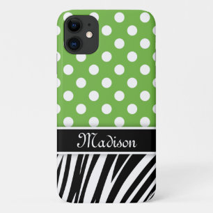 Green Polka Dots Zebra Stripes Black Name iPhone 11 Case