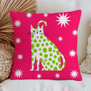 Green Polka Dotted White Cat on Pink Modern Feline Cushion