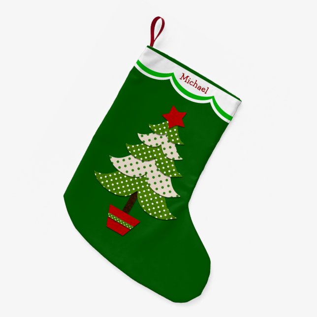 Green Polkadot Christmas Tree Personalised Small Christmas Stocking (Front (Hanging))