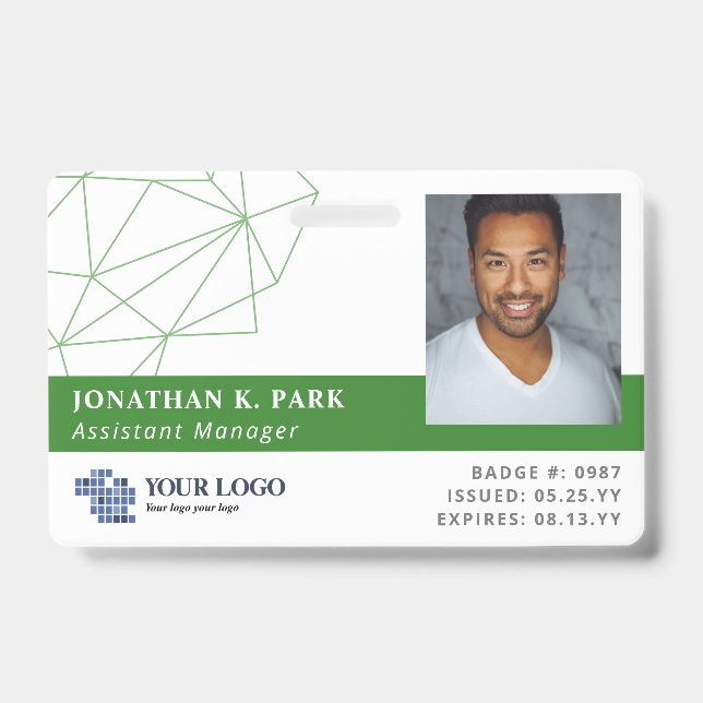 Green Polygons Logo & Photo Employee ID Badge (Front)