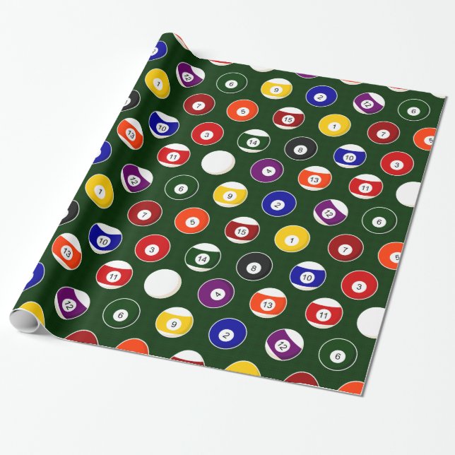 Green Pool Ball Billiards Pattern Wrapping Paper (Unrolled)