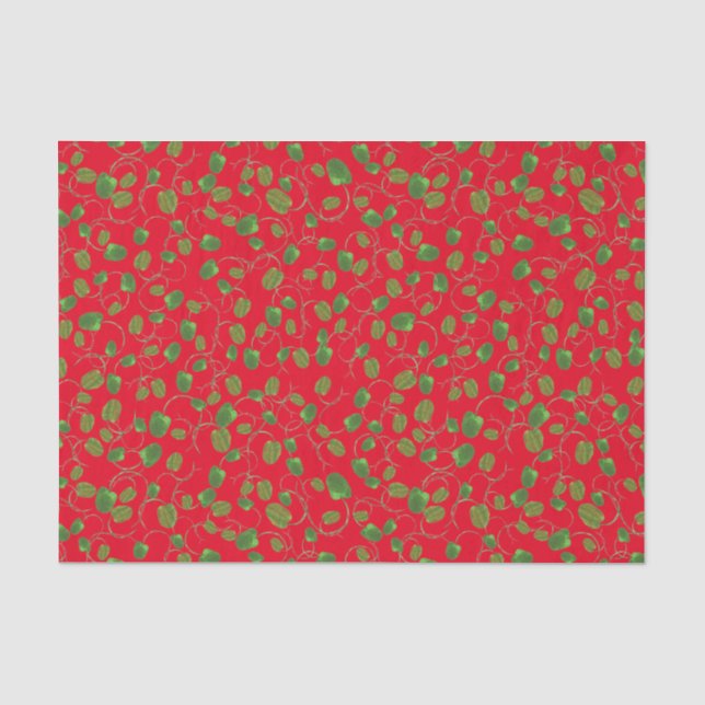Green Poppy Buds Pattern on Red to Customise Tissue Paper (Front)