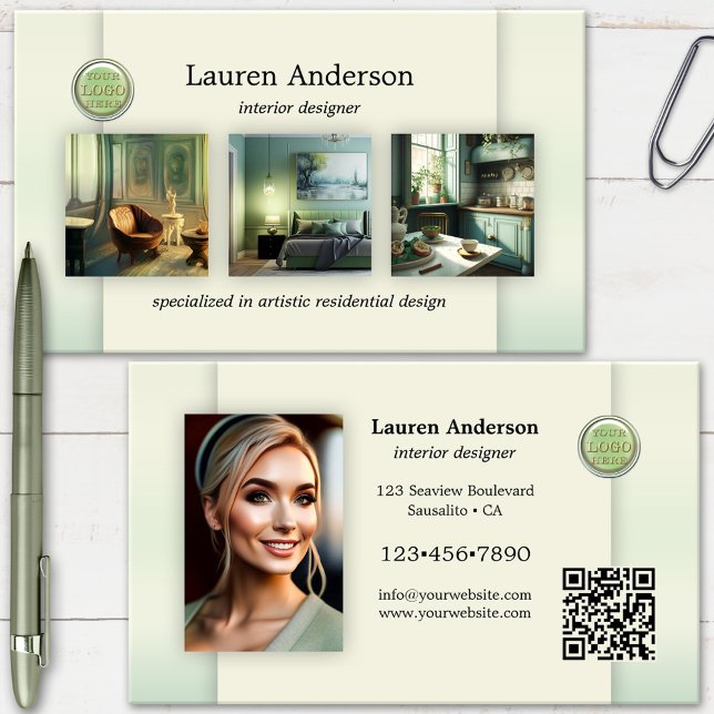 Green Portfolio Logo QR Code Interior Designer Business Card (Creator Uploaded)