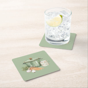 Green Pot Carrots Square Paper Coaster