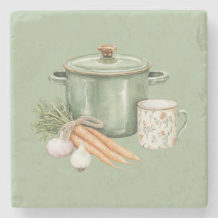 Green Pot Carrots Stone Coaster