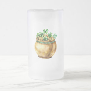 Green Pot of Gold Shamrocks St. Patrick's Day Frosted Glass Beer Mug