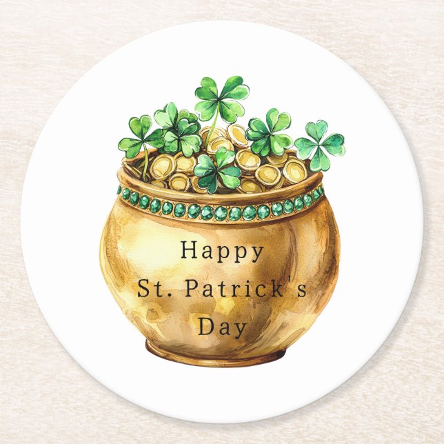 Green Pot of Gold Shamrocks St. Patrick's Day   Round Paper Coaster (Front)