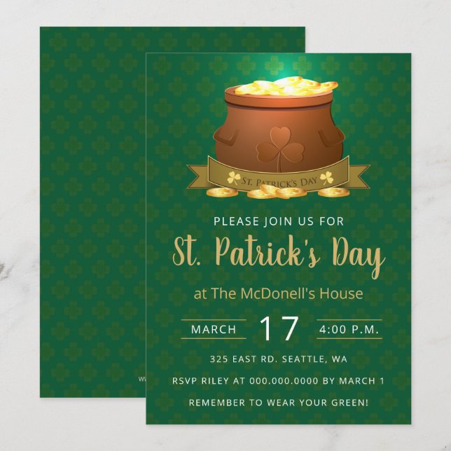 Green Pot of Gold St Patricks Day  Invitation (Front/Back)