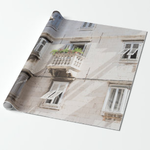 GREEN POTTED PLANT ON BROWN CONCRETE HOUSE BALCONY WRAPPING PAPER
