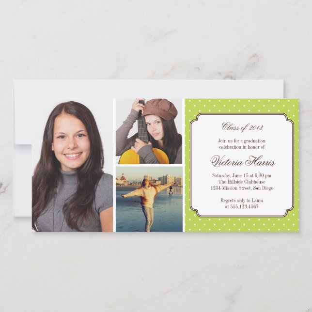 Green preppy polka dot graduation announcement (Front)