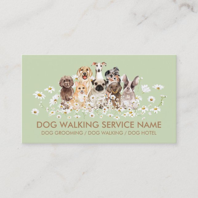 Green Pretty Dogs in Daisies Business Card (Front)