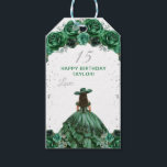 Green Princess Charro Quinceañera Happy Birthday Gift Tags<br><div class="desc">This elegant and glamourous happy birthday gift tag can be personalised with a name. The design features a beautiful princess with dark hair in a dark green ball gown. The text combines handwritten script and modern sans serif fonts for a classy and sophisticated look. The floral arrangements and silver confetti...</div>