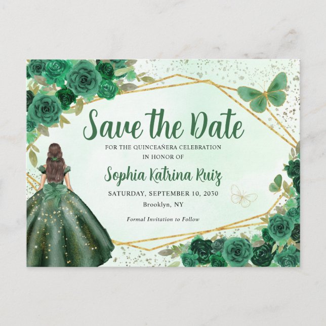 Green Princess Floral Quinceañera Save the Date Postcard (Front)