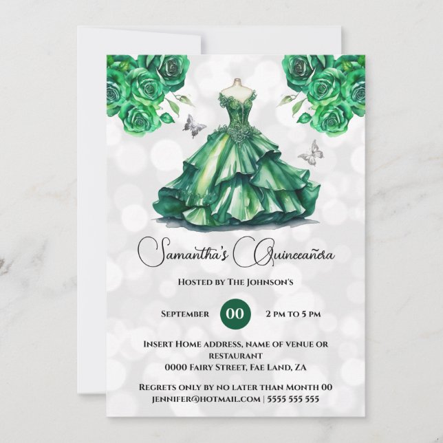 Green princess Quinceañera fantasy ballgown roses Invitation (Front)