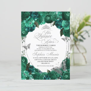 Green Princess Tiara Butterfly Quinceanera  Invitation