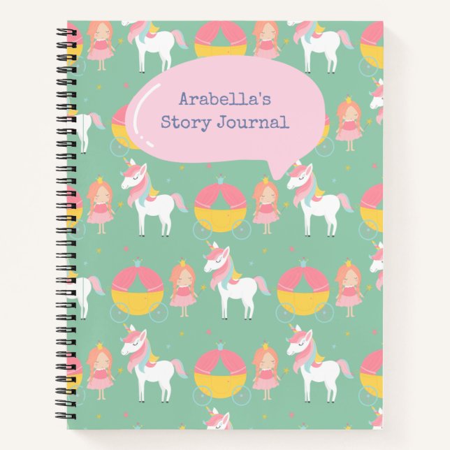 Green Princess Unicorn Girl's Write & Draw Story Notebook (Front)