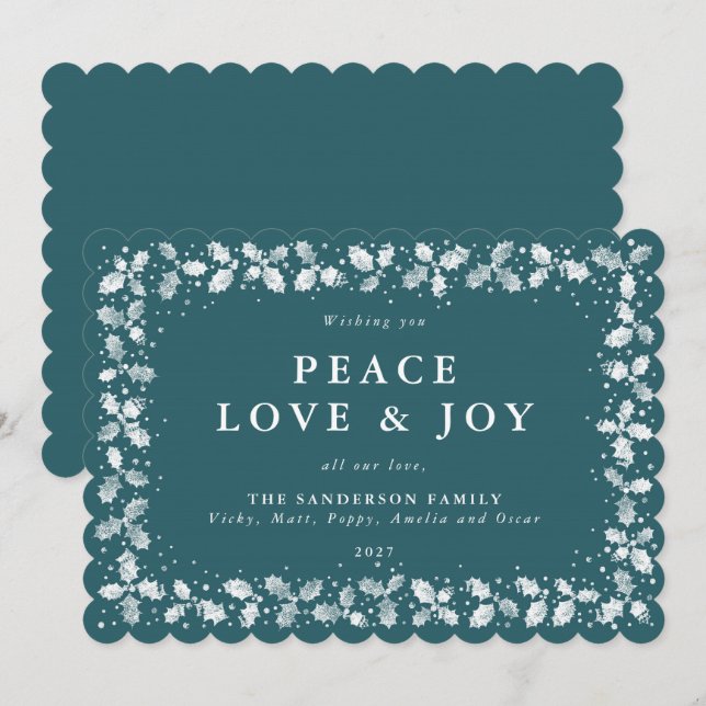 Green Printed Holly Leaves Border Flat Non Photo Holiday Card (Front/Back)