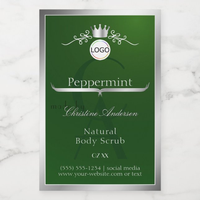 Green Product Label Silver Frame Logo and Monogram (Single Label)