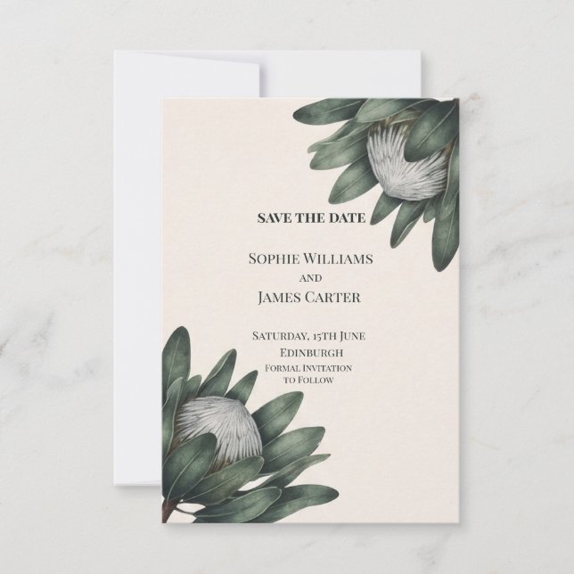 Green Protea Botanical Wedding Save The Date (Front)