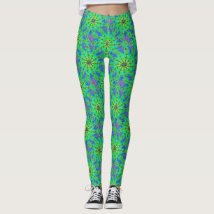 Green Psychedelic Starburst Fractal Pattern Leggings