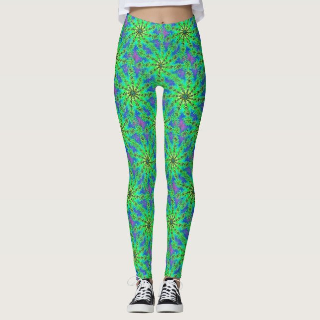 Green Psychedelic Starburst Fractal Pattern Leggings (Front)