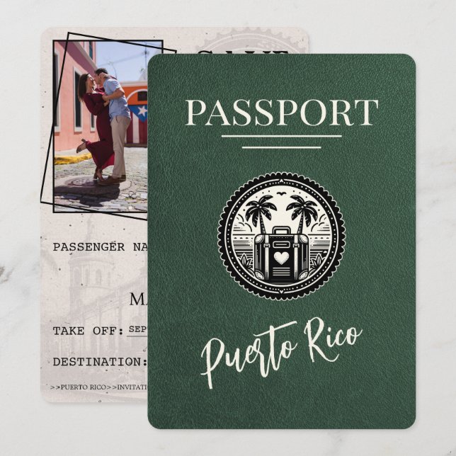 Green Puerto Rico Passport Save The Date (Front/Back)