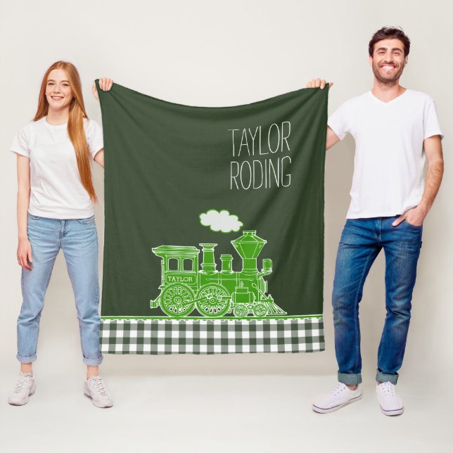 Green puffing steam train whimsy graphic fleece blanket (In Situ)