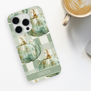 Green Pumpkin Fall Watercolor Chequered Custom iPhone 15 Pro Max Case
