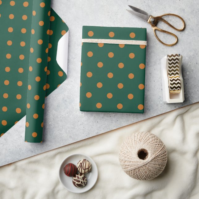 Green + Pumpkin Polka Dots (Small) Wrapping Paper (Crafts)