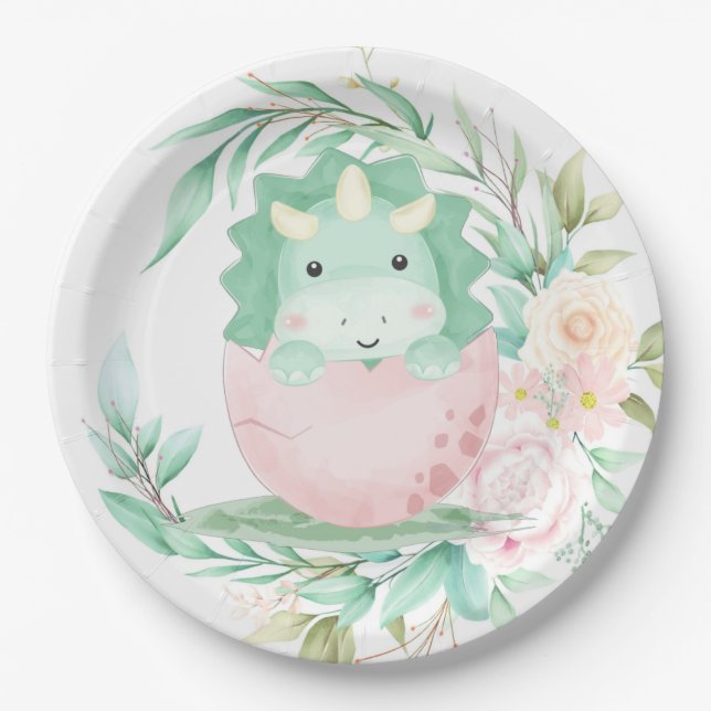 Green Punk Cute Dinosaur Peony Baby Shower  Paper Plate (Front)