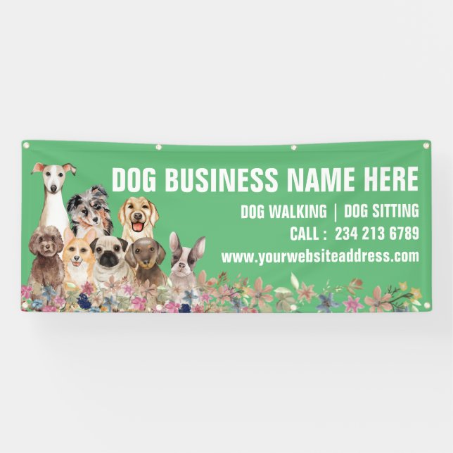 Green Puppies Floral Botanical Dog Grooming Banner (Horizontal)