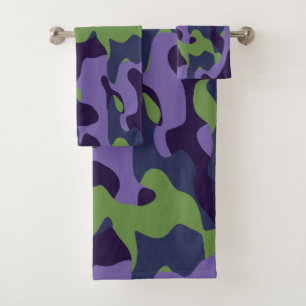 Green Purple and Blue Camo abstract Bath Towel Set