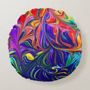 Green purple and orange abstract painting round cushion