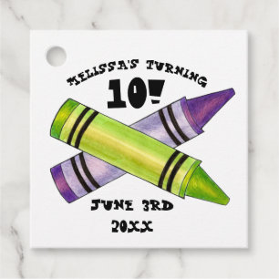 Green Purple Artist Crayons Child Birthday Party Favour Tags