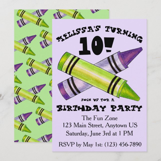 Green Purple Artist Crayons Child Birthday Party Invitation (Front/Back)