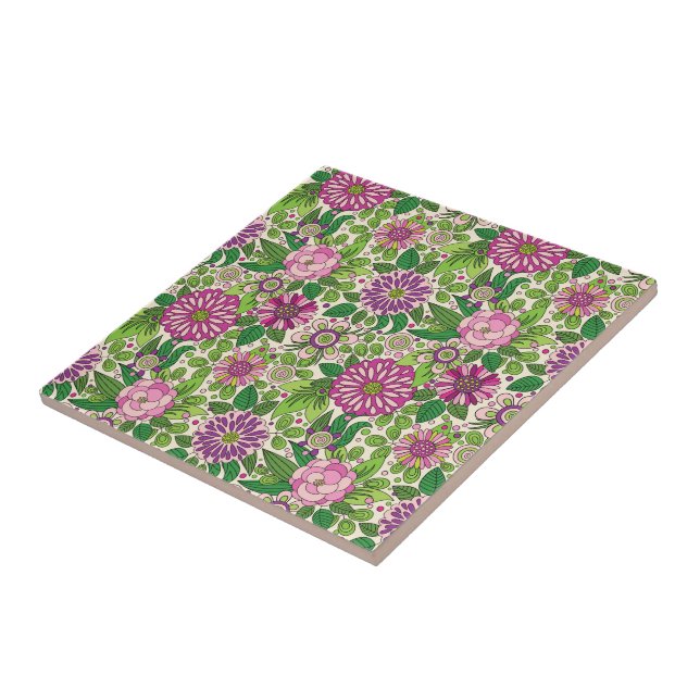 Green Purple & Beige Retro Flowers Pattern Tile (Side)