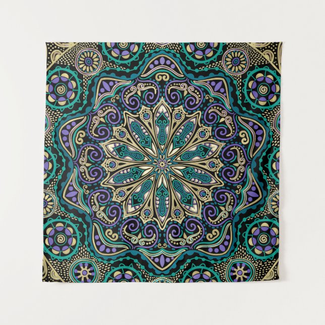 Green Purple Black and Taupe Mandala Wall Tapestry (Front)