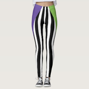 Green Purple Black & White Whimsical Stripes Leggings