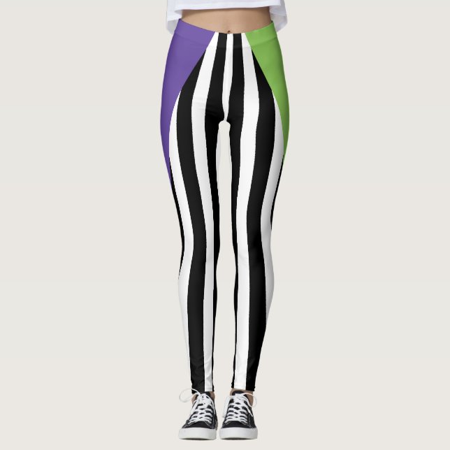 Green Purple Black & White Whimsical Stripes Leggings (Front)