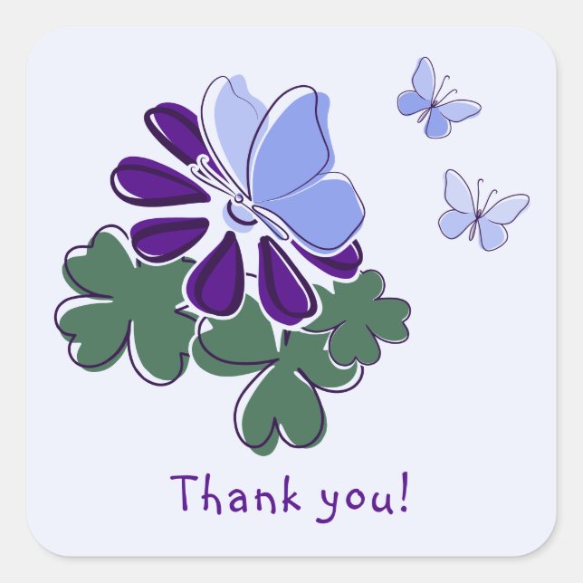 Green Purple Bloom Blue Butterfly Doodle Thank you Square Sticker (Front)