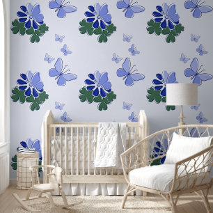 Green Purple Blue Doodle Blooms Butterflies Accent Wallpaper