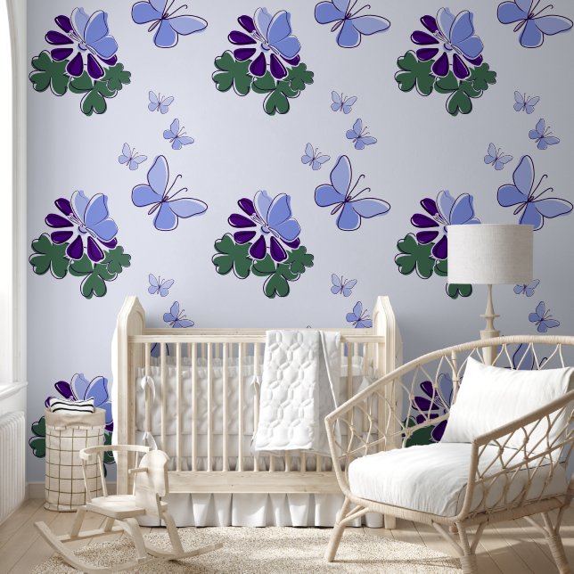 Green Purple Blue Doodle Flower Butterflies Accent Wallpaper (Kids)