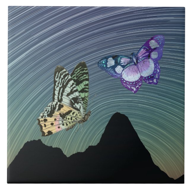 Green Purple Butterflies and Spinning Milky Way Tile (Front)