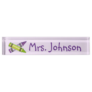 Green Purple Crayon Art Teacher School Classroom Nameplate