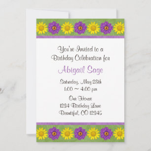 Green & Purple Daisy Flower Birthday Invitation