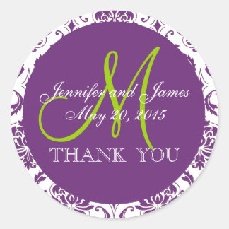 Green Purple Damask Wedding Favour Thank You Classic Round Sticker
