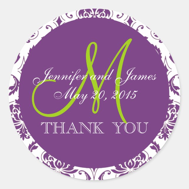 Green Purple Damask Wedding Favour Thank You Classic Round Sticker (Front)