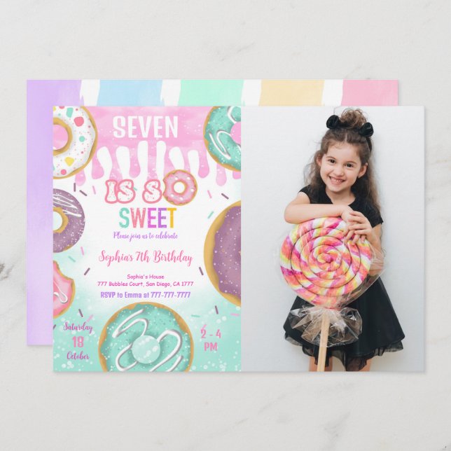 Green & Purple Doughnut Birthday Party Photo Invitation (Front/Back)