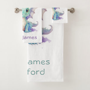 Green Purple Dragon Kids Birthday Custom Gift Bath Towel Set
